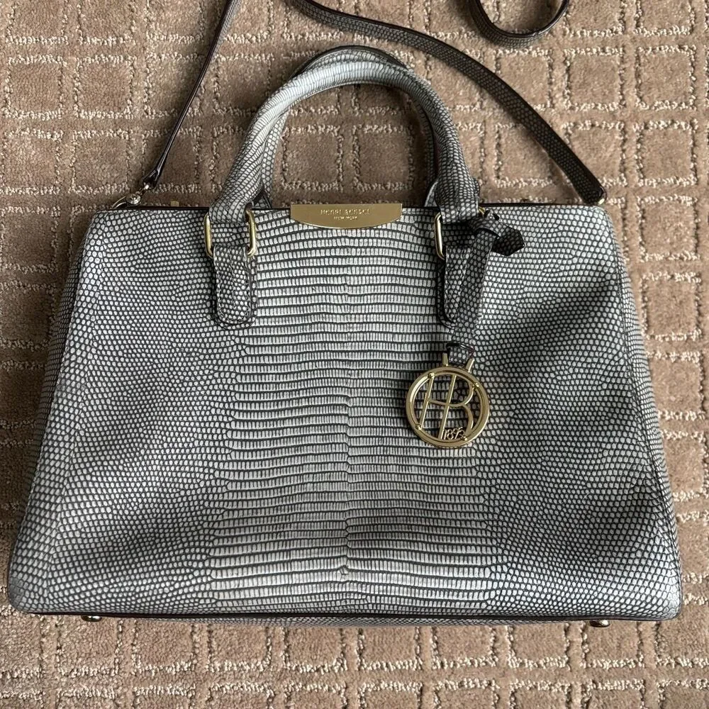 Henri Bendel Embossed Leather Top Handle Crossbody Bag Gray Reptile Turnlock